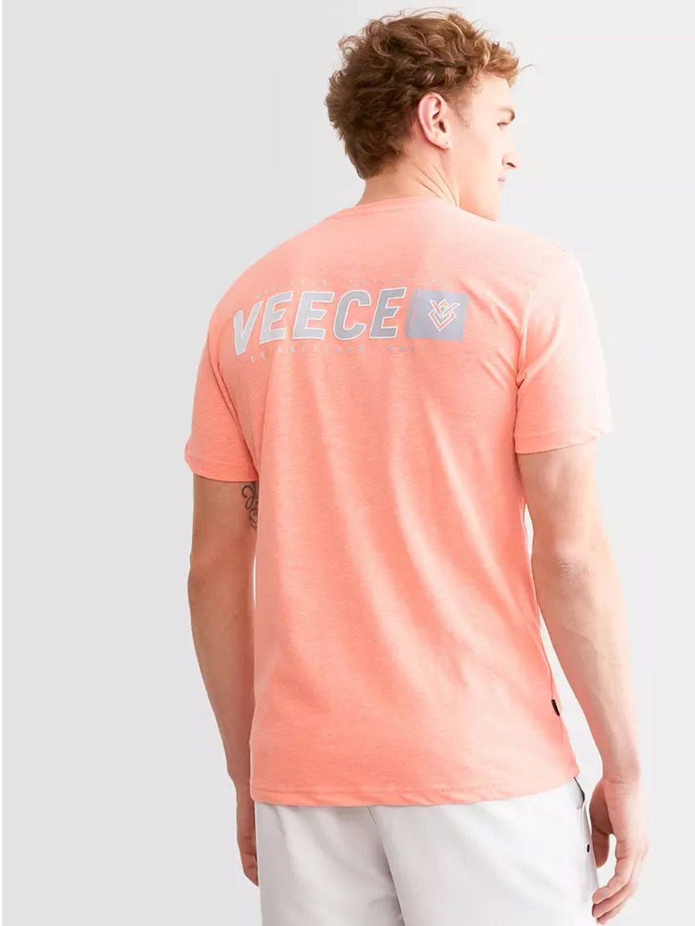 NWT Veece Men’s Small Brand Strip T-Shirt in Arctic Coral